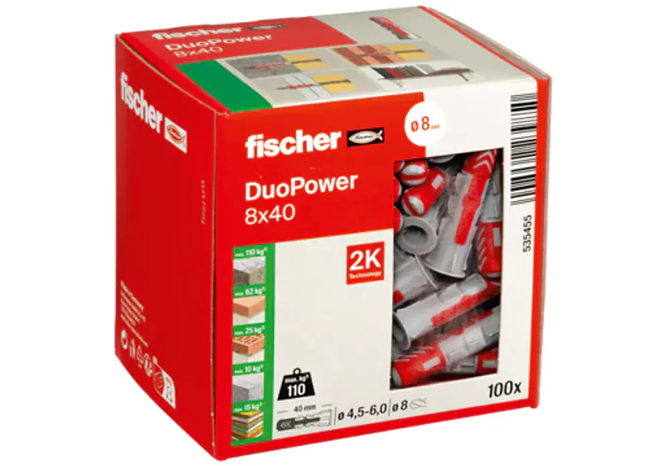 100 Un. Bucha Nylon DuoPower Ø8mm x 40mm 535455 FISCHER 2