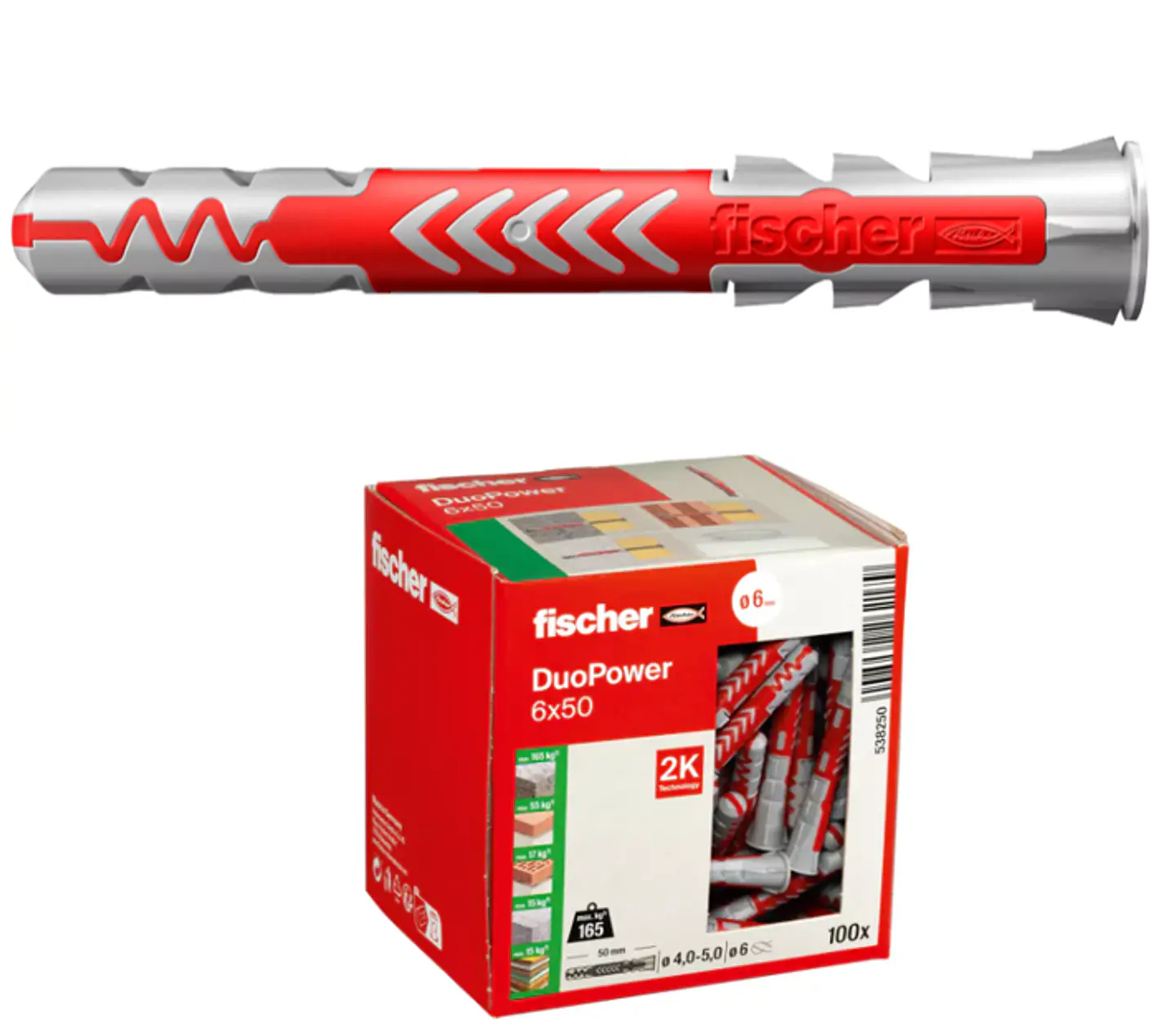 100 Un. Bucha Nylon DuoPower Ø6mm x 50mm 538250 FISCHER 2