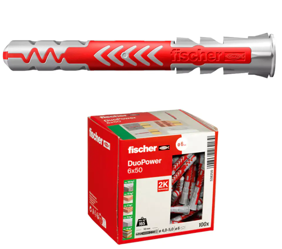 100 Un. Bucha Nylon DuoPower Ø6mm x 50mm 538250 FISCHER 2