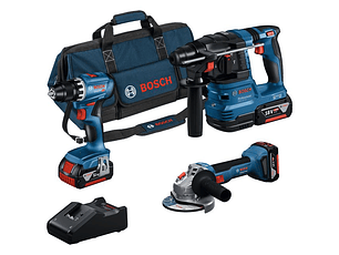 Conjunto de Aparafusadora GSR 18V-45 + Rebarbadora GWS 18V-8 + Martelo GBH 18V-22 + 3 Baterias 18V 4.0Ah BOSCH