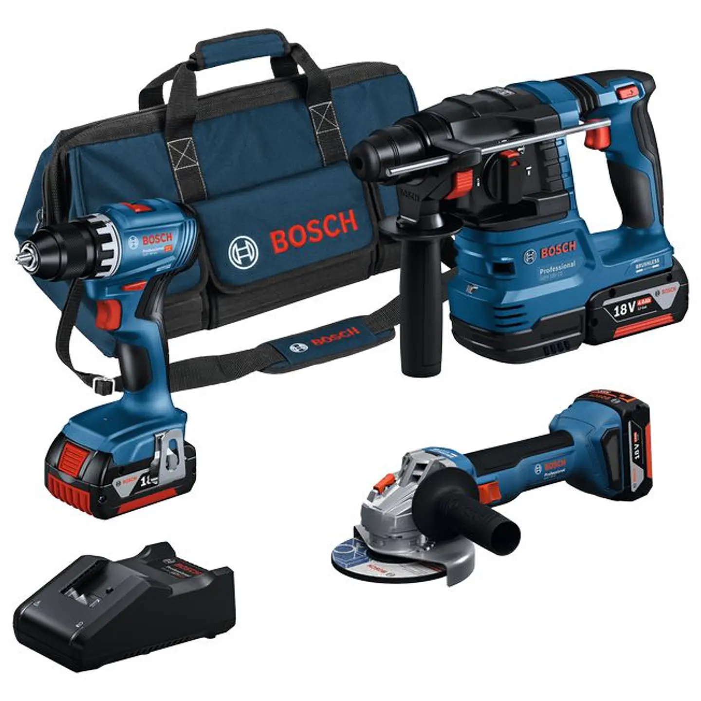 Conjunto de Aparafusadora GSR 18V-45 + Rebarbadora GWS 18V-8 + Martelo GBH 18V-22 + 3 Baterias 18V 4.0Ah BOSCH 1