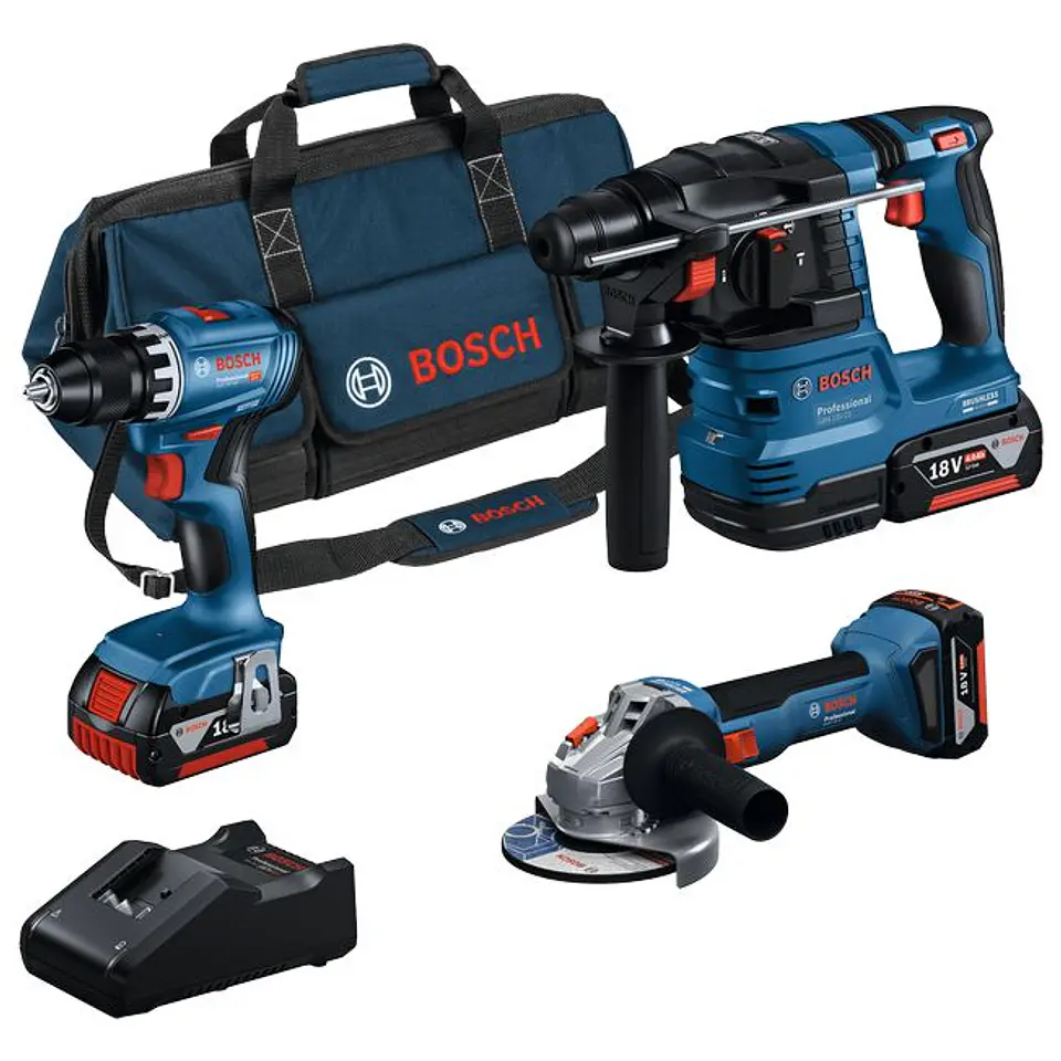 Conjunto de Aparafusadora GSR 18V-45 + Rebarbadora GWS 18V-8 + Martelo GBH 18V-22 + 3 Baterias 18V 4.0Ah BOSCH 1