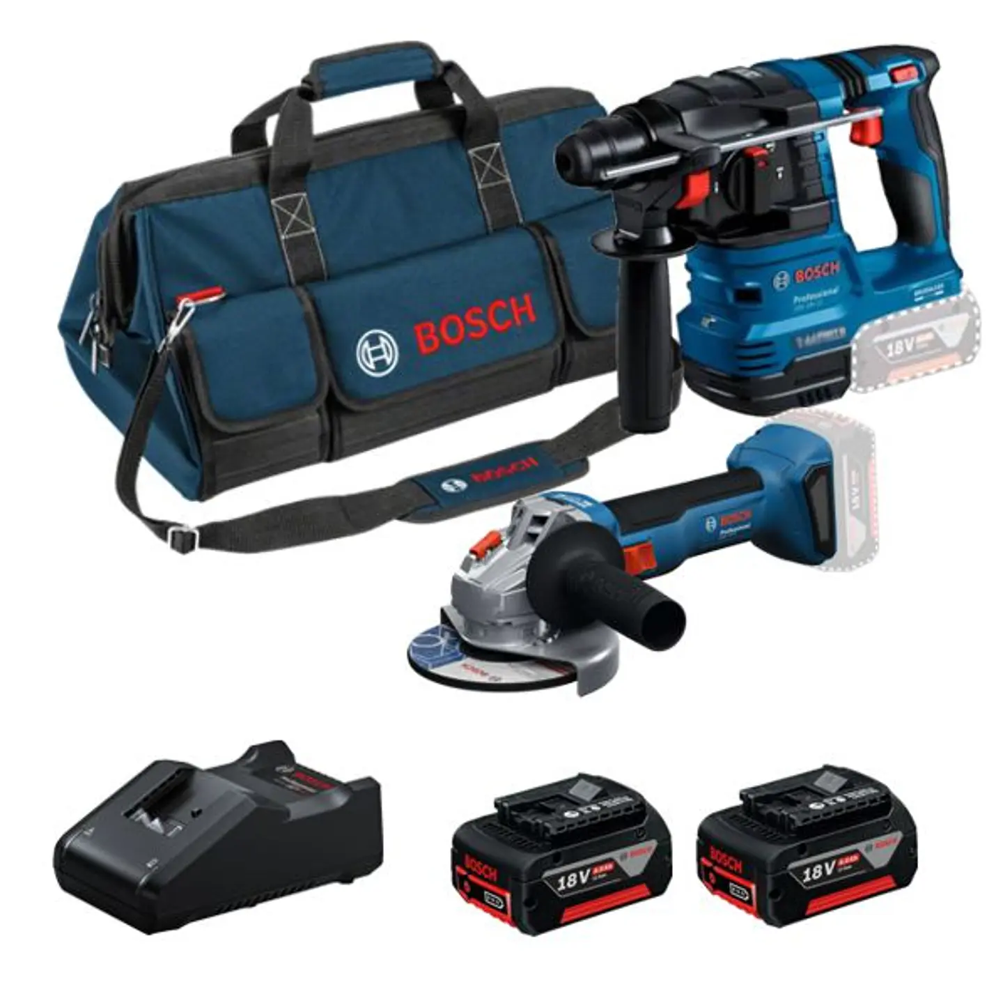 Conjunto sem fio Rebarbadora GWS 18V-8 (125) + Martelo GBH 18V-22 + 2 Baterias 18V 4.0Ah BOSCH 1