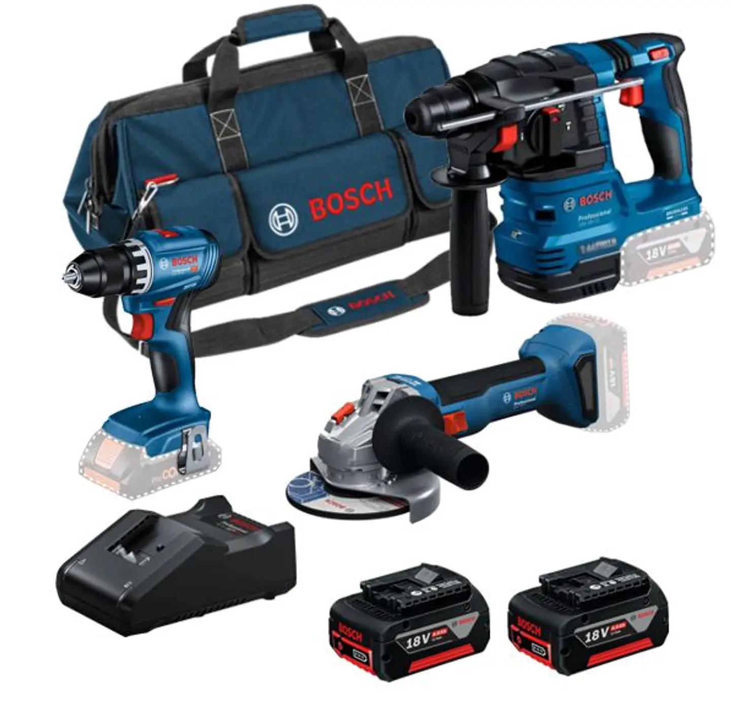 Conjunto Aparafusadora GSR 18V-45 + Rebarbadora GWS 18V-8 (125) + Martelo GBH 18V-22 + 2 Baterias 18V 4.0Ah PRIMEKIT BOSCH 1