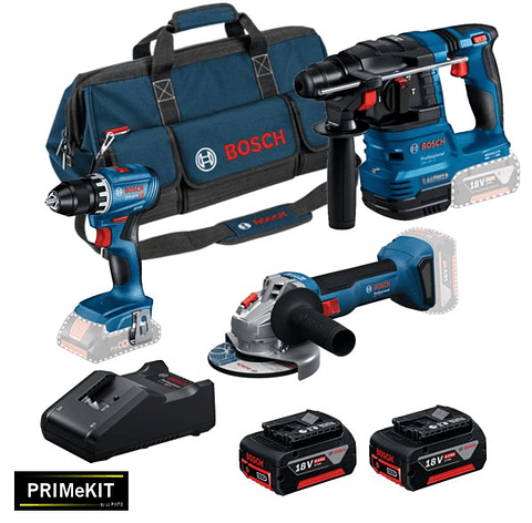 Conjunto Aparafusadora GSR 18V-45 + Rebarbadora GWS 18V-8 (125) + Martelo GBH 18V-22 + 2 Baterias 18V 4.0Ah PRIMEKIT BOSCH