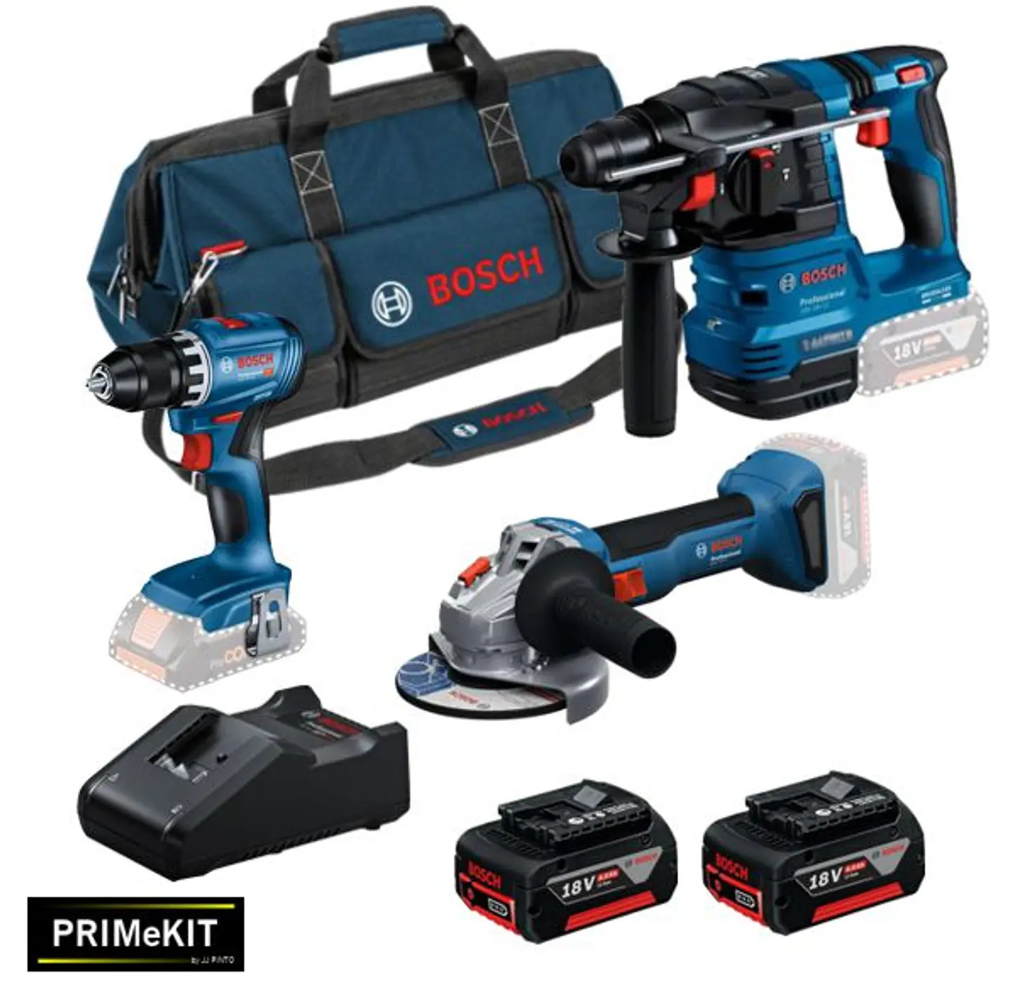 Conjunto Aparafusadora GSR 18V-45 + Rebarbadora GWS 18V-8 (125) + Martelo GBH 18V-22 + 2 Baterias 18V 4.0Ah PRIMEKIT BOSCH 2