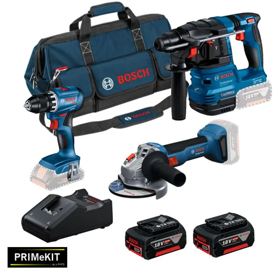 Conjunto Aparafusadora GSR 18V-45 + Rebarbadora GWS 18V-8 (125) + Martelo GBH 18V-22 + 2 Baterias 18V 4.0Ah PRIMEKIT BOSCH 2
