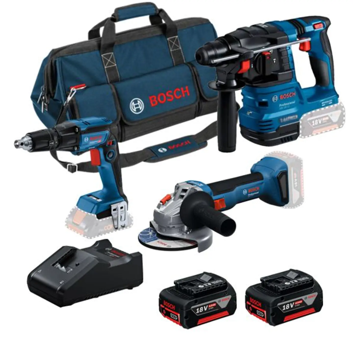 Conjunto Aparafusadora pladur GTB 18V-45 + Rebarbadora GWS 18V-8 (125) + Martelo GBH 18V-22 + 2 Baterias 18V 4.0Ah PRIMEKIT BOSCH 1
