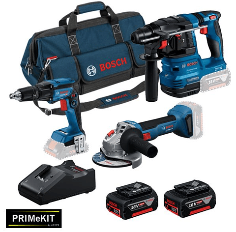 Conjunto Aparafusadora pladur GTB 18V-45 + Rebarbadora GWS 18V-8 (125) + Martelo GBH 18V-22 + 2 Baterias 18V 4.0Ah PRIMEKIT BOSCH