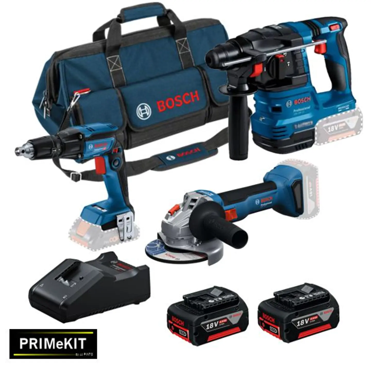 Conjunto Aparafusadora pladur GTB 18V-45 + Rebarbadora GWS 18V-8 (125) + Martelo GBH 18V-22 + 2 Baterias 18V 4.0Ah PRIMEKIT BOSCH 2