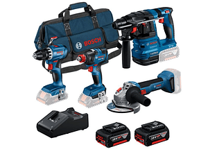 Conjunto Aparafusadora GSR 18V-45 + Aparafusadora impacto GDX 18V-200 + Rebarbadora GWS 18V-8 (125) + Martelo GBH 18V-22 + 2 Baterias 18V 4.0Ah PRIMEKIT BOSCH