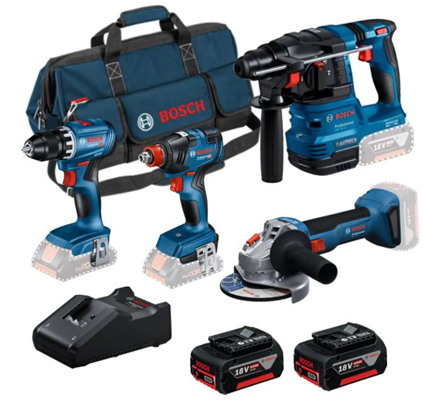Conjunto Aparafusadora GSR 18V-45 + Aparafusadora impacto GDX 18V-200 + Rebarbadora GWS 18V-8 (125) + Martelo GBH 18V-22 + 2 Baterias 18V 4.0Ah PRIMEKIT BOSCH 1