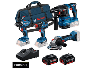 Conjunto Aparafusadora GSR 18V-45 + Aparafusadora impacto GDX 18V-200 + Rebarbadora GWS 18V-8 (125) + Martelo GBH 18V-22 + 2 Baterias 18V 4.0Ah PRIMEKIT BOSCH