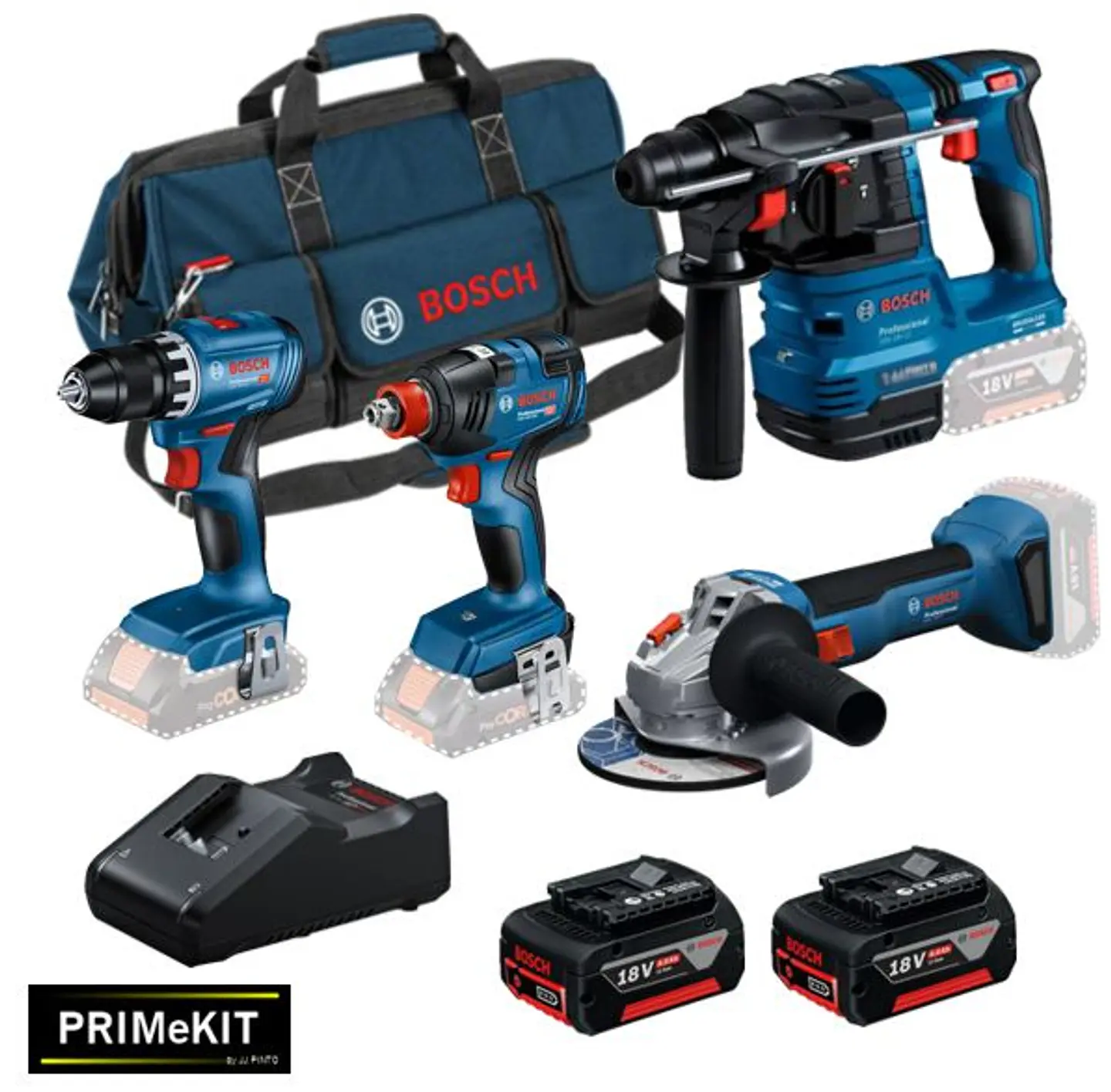 Conjunto Aparafusadora GSR 18V-45 + Aparafusadora impacto GDX 18V-200 + Rebarbadora GWS 18V-8 (125) + Martelo GBH 18V-22 + 2 Baterias 18V 4.0Ah PRIMEKIT BOSCH 2