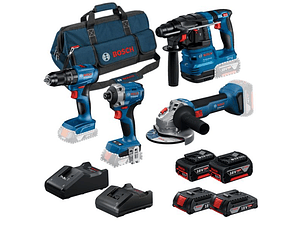 Conjunto Aparafusadora GSB 185-LI + Aparafusadora impacto GDR 18V-215 + Rebarbadora GWS 18V-8 (125) + Martelo GBH 18V-22 + 4 Baterias (2x 4.0Ah + 2x 2.0Ah) +  2 Carregadores PRIMEKIT BOSCH