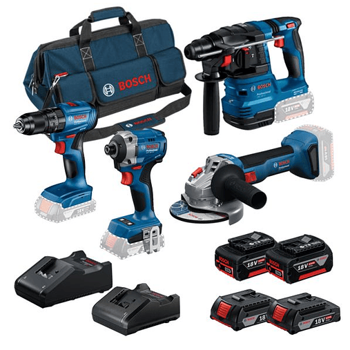 Conjunto Aparafusadora GSB 185-LI + Aparafusadora impacto GDR 18V-215 + Rebarbadora GWS 18V-8 (125) + Martelo GBH 18V-22 + 4 Baterias (2x 4.0Ah + 2x 2.0Ah) +  2 Carregadores PRIMEKIT BOSCH 1