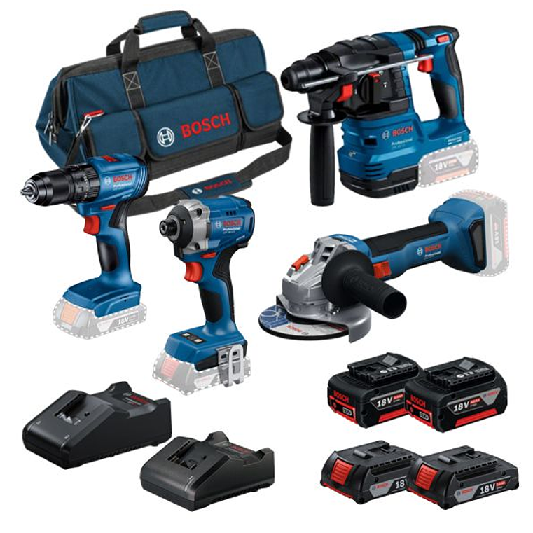 Conjunto Aparafusadora GSB 185-LI + Aparafusadora impacto GDR 18V-215 + Rebarbadora GWS 18V-8 (125) + Martelo GBH 18V-22 + 4 Baterias (2x 4.0Ah + 2x 2.0Ah) +  2 Carregadores PRIMEKIT BOSCH 1