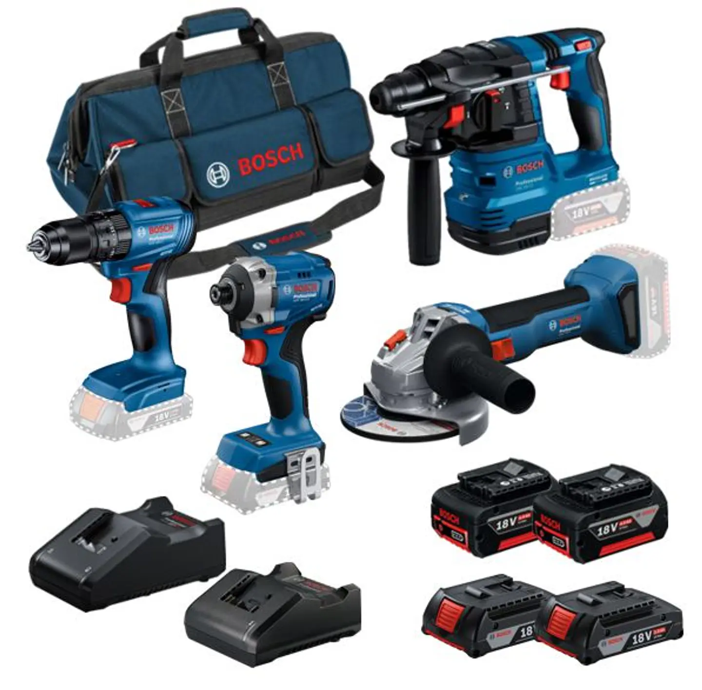 Conjunto Aparafusadora GSB 185-LI + Aparafusadora impacto GDR 18V-215 + Rebarbadora GWS 18V-8 (125) + Martelo GBH 18V-22 + 4 Baterias (2x 4.0Ah + 2x 2.0Ah) +  2 Carregadores PRIMEKIT BOSCH 1