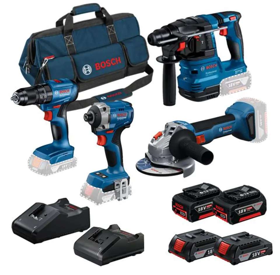Conjunto Aparafusadora GSB 185-LI + Aparafusadora impacto GDR 18V-215 + Rebarbadora GWS 18V-8 (125) + Martelo GBH 18V-22 + 4 Baterias (2x 4.0Ah + 2x 2.0Ah) +  2 Carregadores PRIMEKIT BOSCH 1