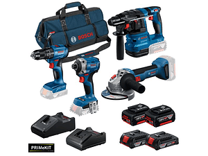 Conjunto Aparafusadora GSB 185-LI + Aparafusadora impacto GDR 18V-215 + Rebarbadora GWS 18V-8 (125) + Martelo GBH 18V-22 + 4 Baterias (2x 4.0Ah + 2x 2.0Ah) +  2 Carregadores PRIMEKIT BOSCH