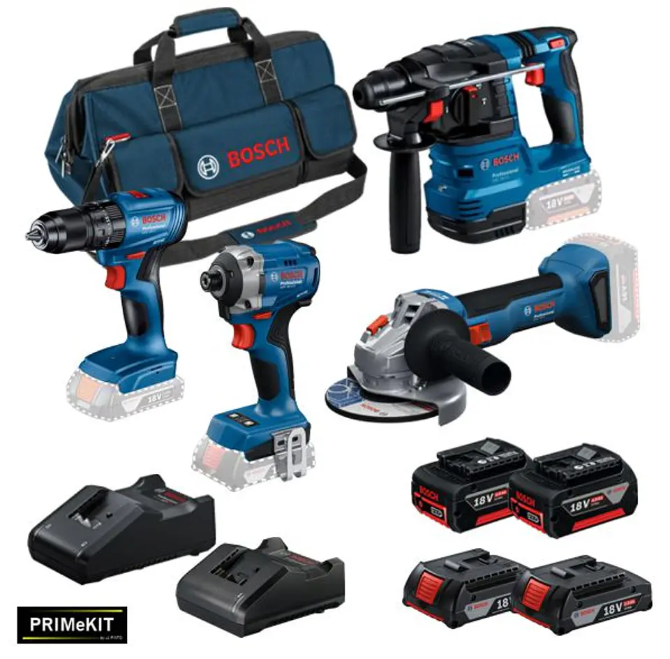 Conjunto Aparafusadora GSB 185-LI + Aparafusadora impacto GDR 18V-215 + Rebarbadora GWS 18V-8 (125) + Martelo GBH 18V-22 + 4 Baterias (2x 4.0Ah + 2x 2.0Ah) +  2 Carregadores PRIMEKIT BOSCH 2