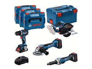 Kit de 4 ferramentas 18V: GSR 18V-90C + GWS 18V-15 PSC + GKM 18V-50 + GGS 18V-23 PLC + 1x 4,0Ah (PC) + 2x 5,5Ah (PC) + GAL 1880CV (L) BOSCH
