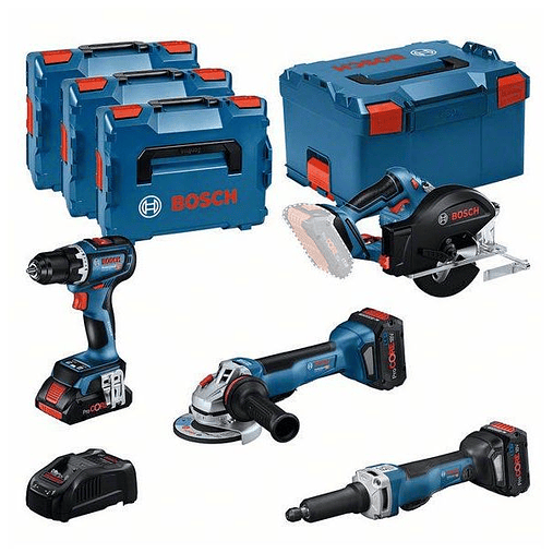 Kit de 4 ferramentas 18V: GSR 18V-90C + GWS 18V-15 PSC + GKM 18V-50 + GGS 18V-23 PLC + 1x 4,0Ah (PC) + 2x 5,5Ah (PC) + GAL 1880CV (L) BOSCH 1