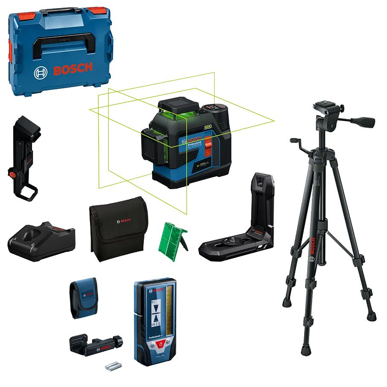 Nivel laser 3 Linhas Verdes GLL 12V-100-33 CG + 1 Bateria 12V 2.0Ah BOSCH + Receptor Laser LR 7 + Tripé BT 150 BOSCH 1