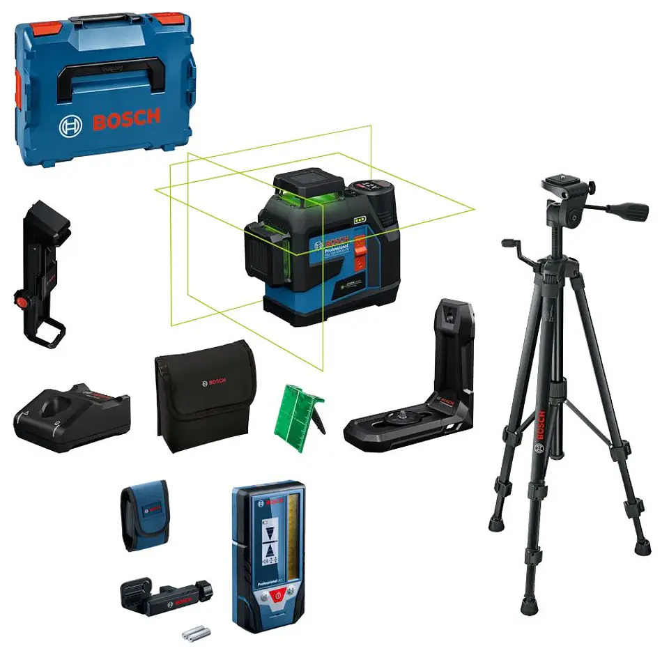 Nivel laser 3 Linhas Verdes GLL 12V-100-33 CG + 1 Bateria 12V 2.0Ah BOSCH + Receptor Laser LR 7 + Tripé BT 150 BOSCH 1