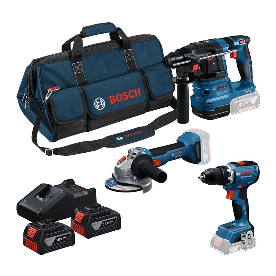 Conjunto sem fio Aparafusadora GSR 18V-65 + Rebarbadora GWS 18V-8 (125) + Martelo GBH 18V-22 + 2 Baterias 18V 4.0Ah BOSCH 1