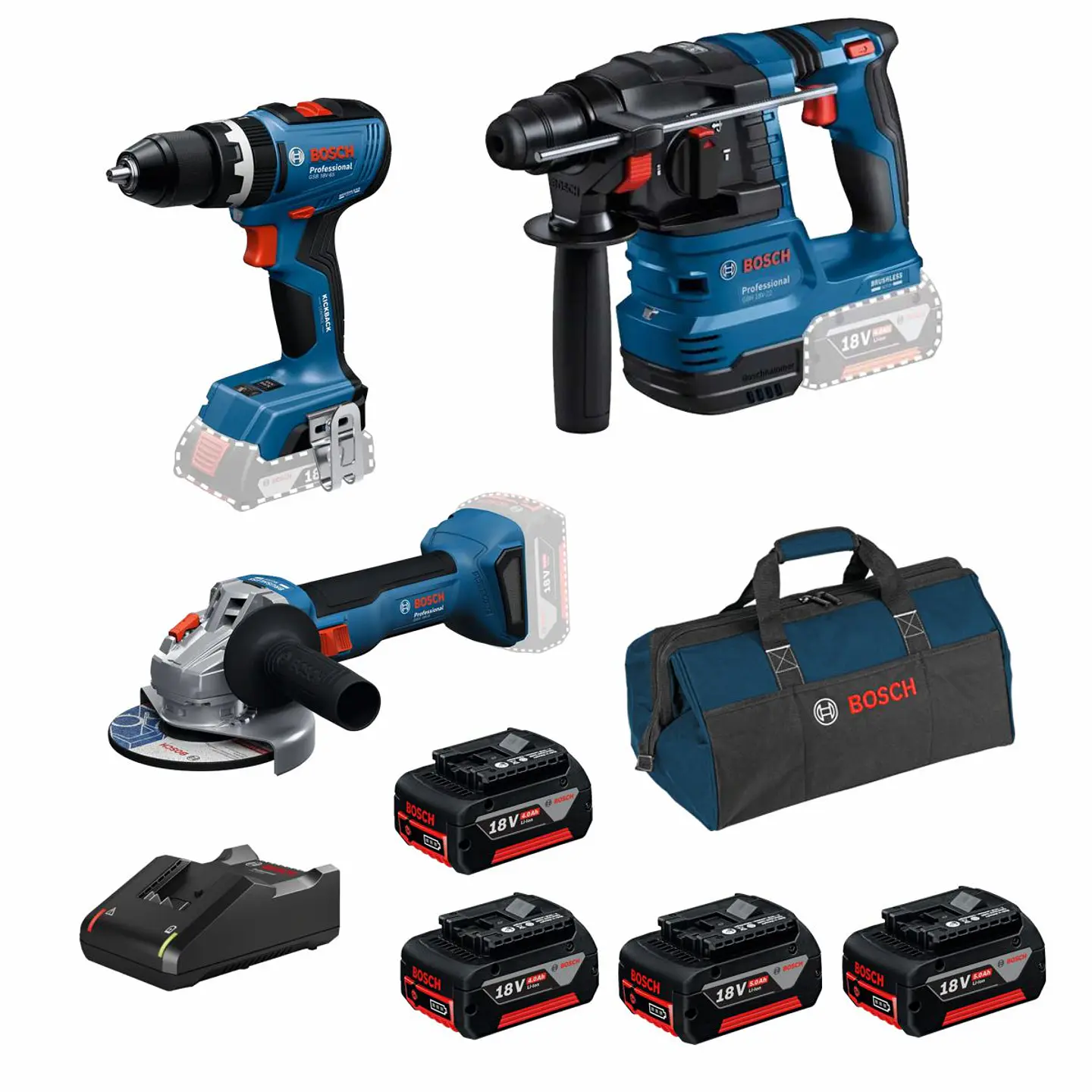 Conjunto Aparafusadora GSB 18V-65 + Rebarbadora GWS 18V-8 (125) + Martelo GBH 18V-22 + 4 Baterias 18V 4.0Ah +  1 Carregador PRIMEKIT BOSCH 1