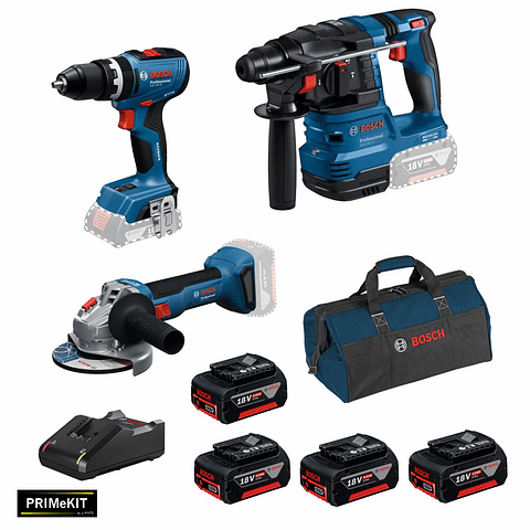 Conjunto Aparafusadora GSB 18V-65 + Rebarbadora GWS 18V-8 (125) + Martelo GBH 18V-22 + 4 Baterias 18V 4.0Ah +  1 Carregador PRIMEKIT BOSCH