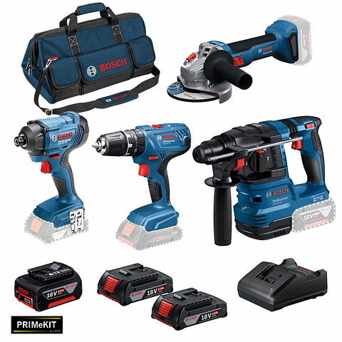 Conjunto 4 máquinas GBH 18V-22, GWS 18V-8 (125), GSB 18V-21, GDR 18V-160 + 3 Baterias (1x 4Ah + 2x 2Ah) PRIMeKIT BOSCH