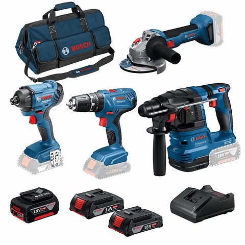 Conjunto 4 máquinas GBH 18V-22, GWS 18V-8 (125), GSB 18V-21, GDR 18V-160 + 3 Baterias (1x 4Ah + 2x 2Ah) PRIMeKIT BOSCH