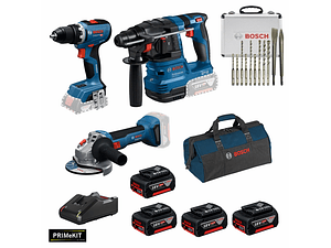 Conjunto Aparafusadora GSR 18V-65 + Rebarbadora GWS 18V-8 (125) + Martelo GBH 18V-22 + 4 Baterias 18V 4.0Ah +  1 Carregador PRIMEKIT BOSCH