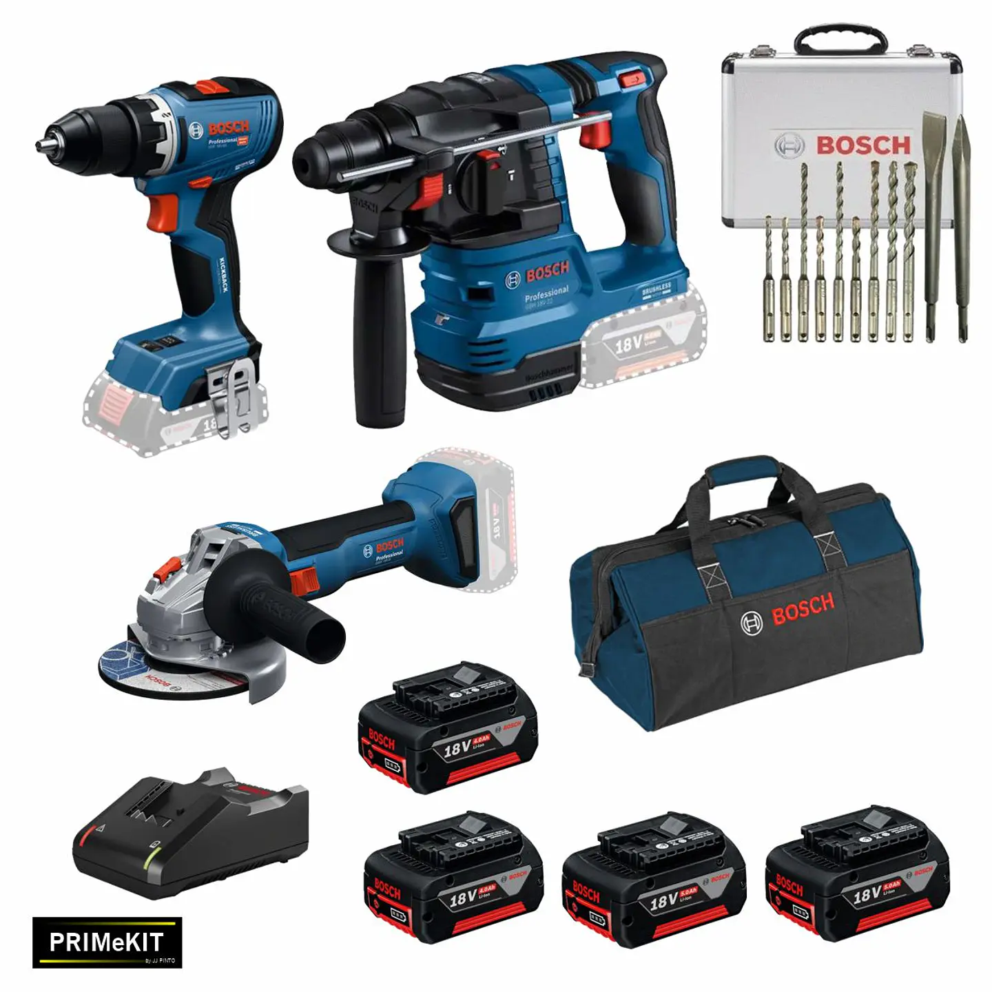 Conjunto Aparafusadora GSR 18V-65 + Rebarbadora GWS 18V-8 (125) + Martelo GBH 18V-22 + 4 Baterias 18V 4.0Ah +  1 Carregador PRIMEKIT BOSCH 2