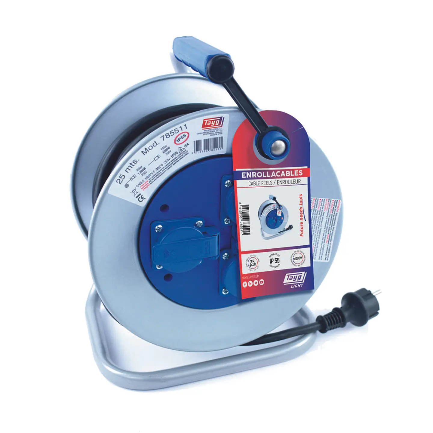 Extensão com Enrolador Metálico Cabo Elétrico IP55 4.000W H05VV-F 3x2.5mm 25 Metros TAYG 1