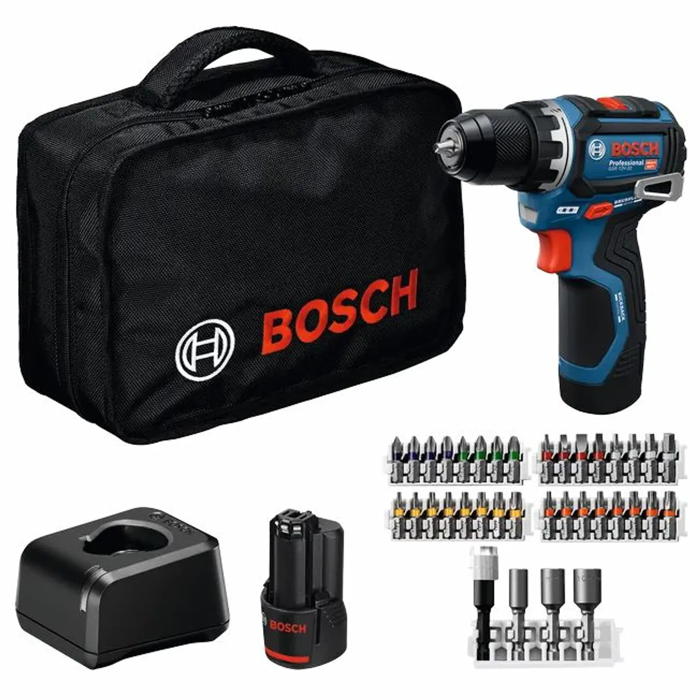 Aparafusadora sem fio GSR 12V-32 + 2 baterias 12V 2.0Ah + Mala lona + 36 Acessórios BOSCH 1
