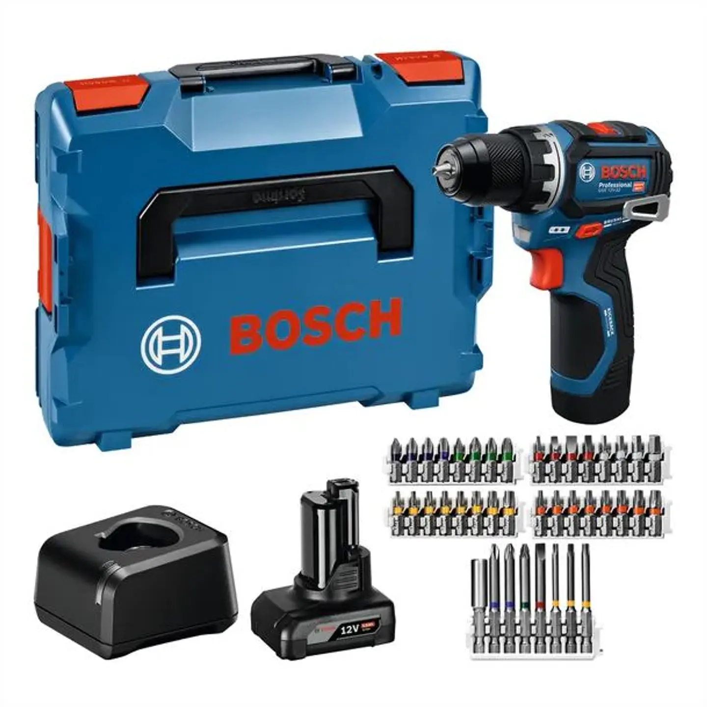 Aparafusadora sem fio GSR 12V-32 + 2x 12V (1x4.0Ah + 1x 2.0Ah) + Mala L-BOXX + 40 Acessórios BOSCH 1