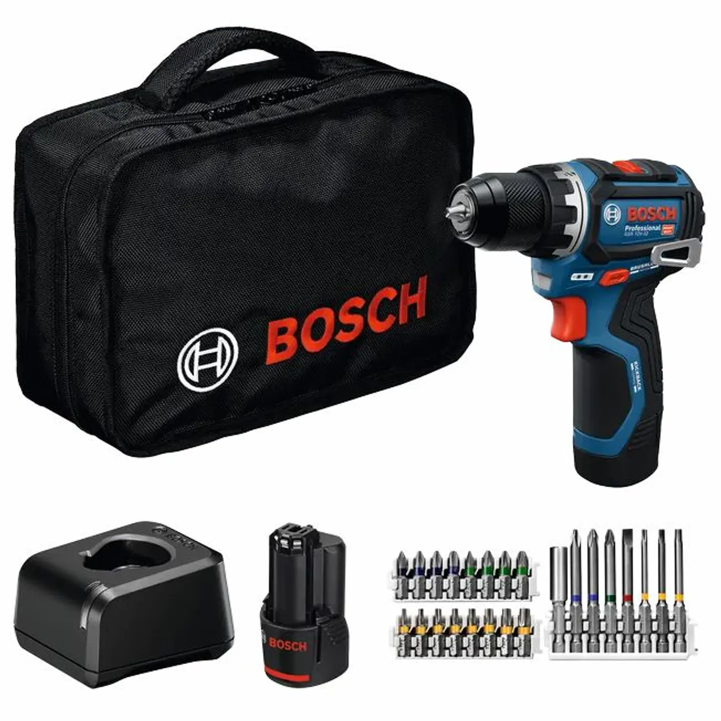 Aparafusadora sem fio GSR 12V-32 + 2 baterias 12V 2.0Ah + Mala lona + 24 Acessórios BOSCH 1