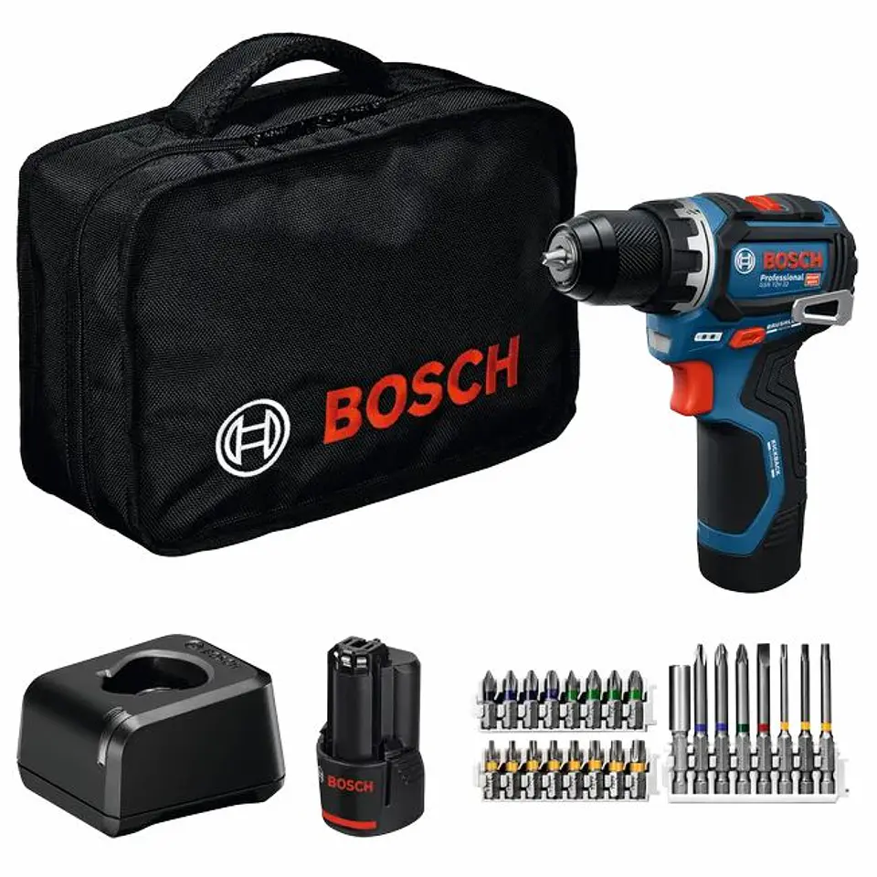Aparafusadora sem fio GSR 12V-32 + 2 baterias 12V 2.0Ah + Mala lona + 24 Acessórios BOSCH 1