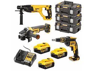 Conjunto sem fio XR 18V Aparafusadora de pladur DCF620 + Rebarbadora DCG405 + Martelo DCH 133 + 3 Baterias XR 18V (1x 4Ah + 2x 5Ah) DEWALT