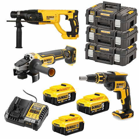 Conjunto sem fio XR 18V Aparafusadora de pladur DCF620 + Rebarbadora DCG405 + Martelo DCH 133 + 3 Baterias XR 18V (1x 4Ah + 2x 5Ah) DEWALT