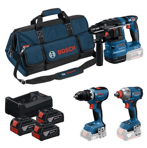 Conjunto sem fio Aparafusadora GSR 18V-65 + Aparafusadora impacto GDX 18V-285 + Martelo GBH 18V-22 + 3 Baterias 18V 5.0Ah BOSCH