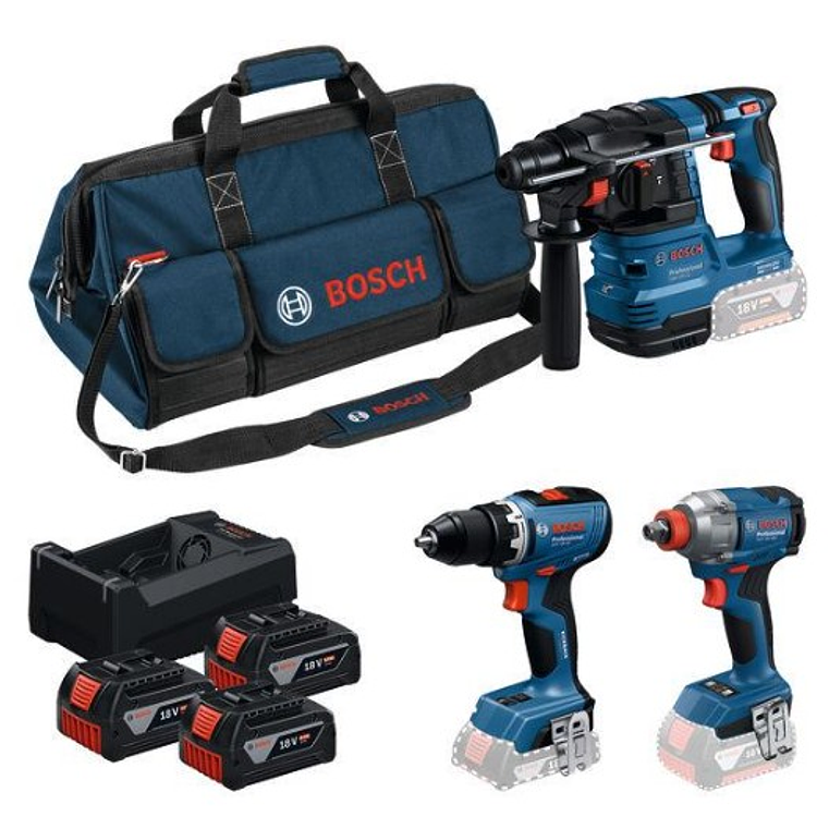 Conjunto sem fio Aparafusadora GSR 18V-65 + Aparafusadora impacto GDX 18V-285 + Martelo GBH 18V-22 + 3 Baterias 18V 5.0Ah BOSCH 1