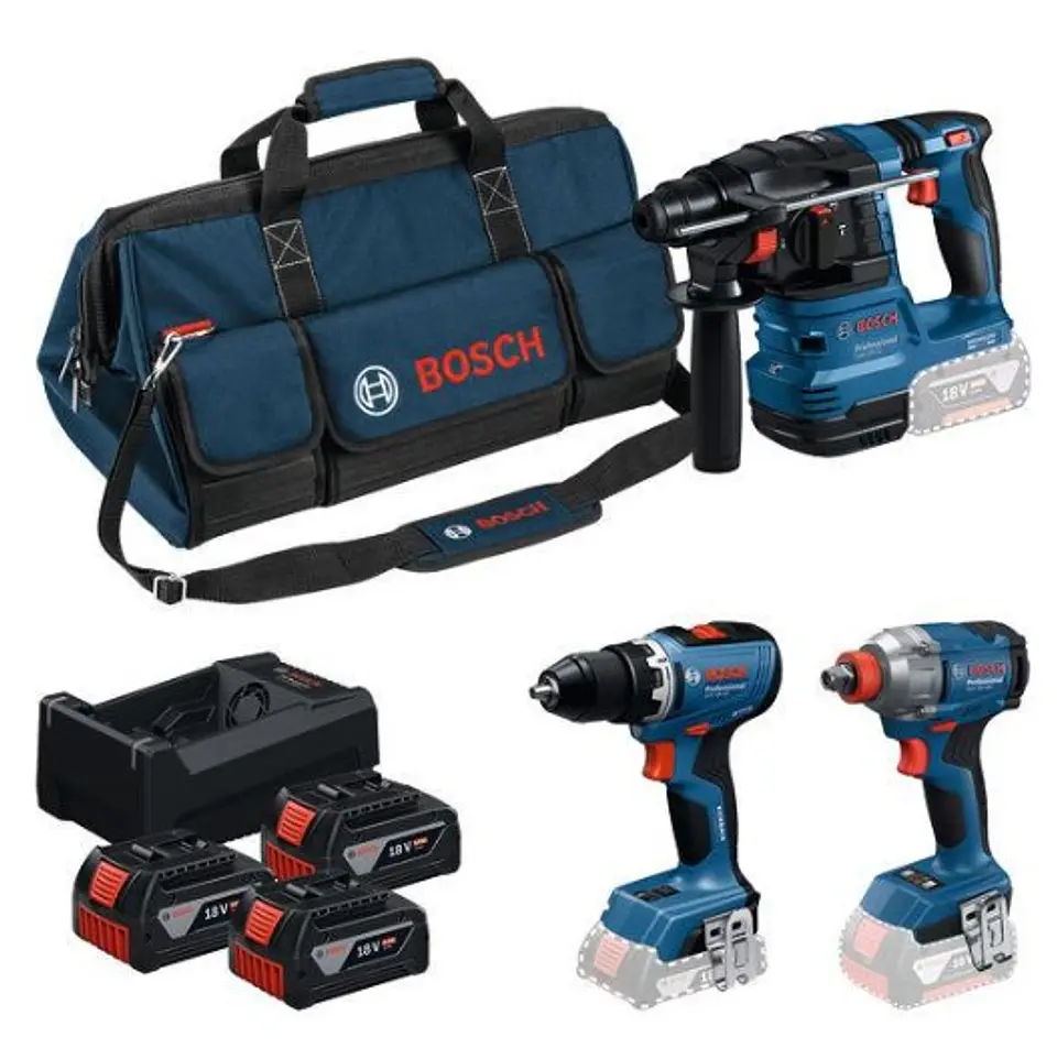 Conjunto sem fio Aparafusadora GSR 18V-65 + Aparafusadora impacto GDX 18V-285 + Martelo GBH 18V-22 + 3 Baterias 18V 5.0Ah BOSCH 1