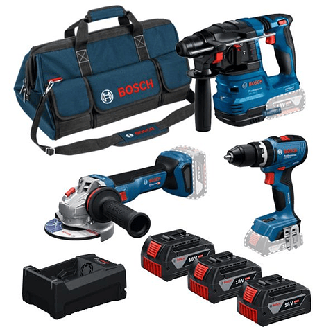 Conjunto sem fio Aparafusadora GSB 18V-65 + Martelo GBH 18V-22 + Rebarbadora GWS 18V-11 (125) + 3 Baterias 18V 5.0Ah BOSCH