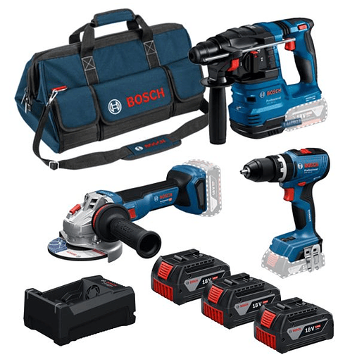 Conjunto sem fio Aparafusadora GSB 18V-65 + Martelo GBH 18V-22 + Rebarbadora GWS 18V-11 (125) + 3 Baterias 18V 5.0Ah BOSCH 1