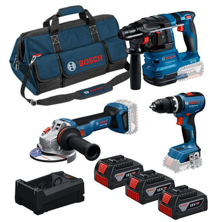 Conjunto sem fio Aparafusadora GSB 18V-65 + Martelo GBH 18V-22 + Rebarbadora GWS 18V-11 (125) + 3 Baterias 18V 5.0Ah BOSCH 1