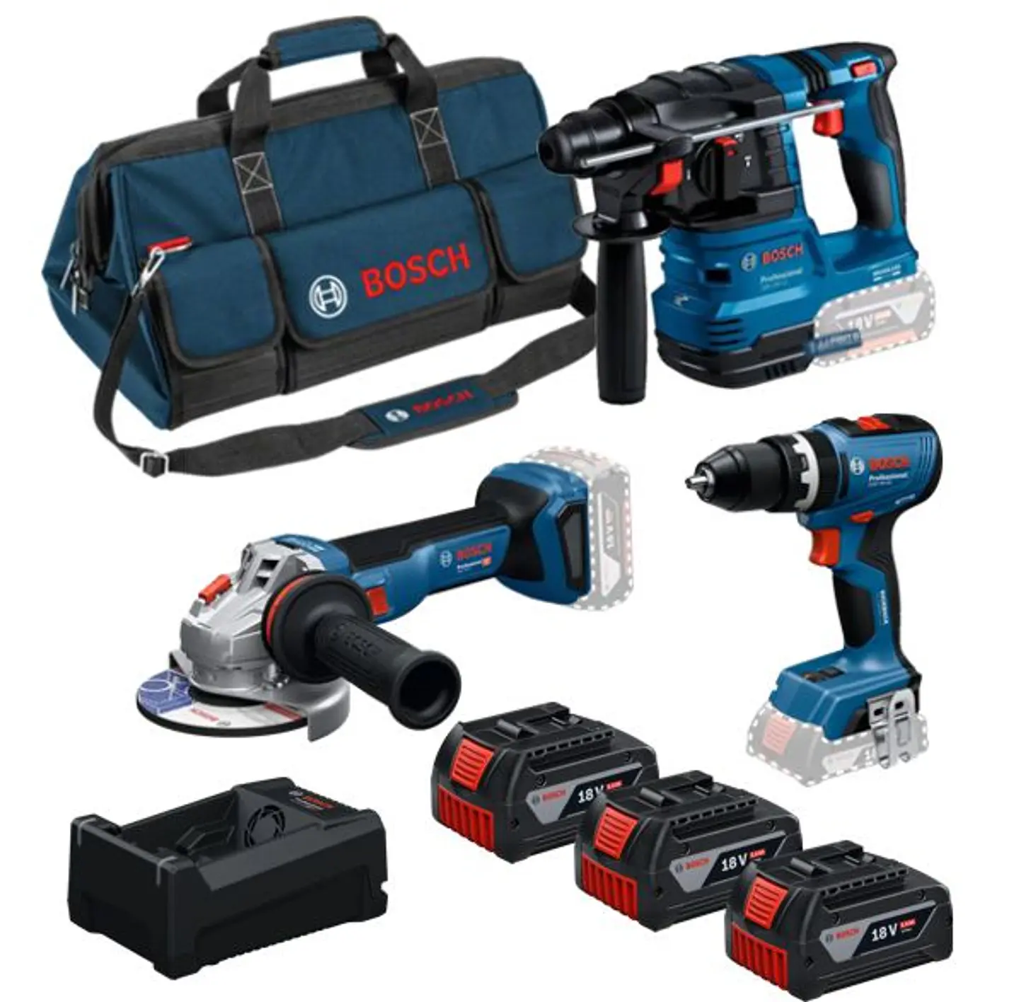 Conjunto sem fio Aparafusadora GSB 18V-65 + Martelo GBH 18V-22 + Rebarbadora GWS 18V-11 (125) + 3 Baterias 18V 5.0Ah BOSCH 1